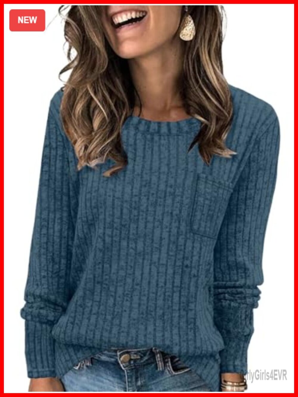 Ribbed Knit Tunic Sweater Long Sleeve Crewneck Pullover with Pocket